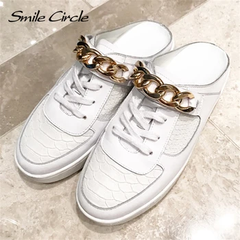 

Smile circle Genuine Leather flats platform Shoes women spring Fashion Metal decoration casual shoes Simple Lazy ladies shoes