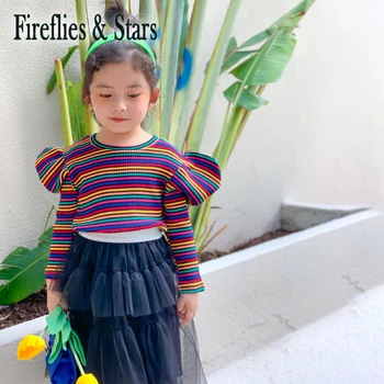 

Spring Autumn girls sweater baby knitwear kids knitted tops children fashion clothes rainbow striped lantern sleeve 1 to 7 yrs