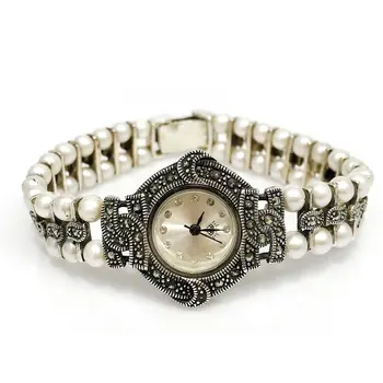 

Marcasite Pearl Japanese Machine Silver Watch
