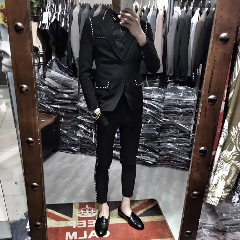 Trajes De Hombre British Style Slim Suit Two-piece Suit Nightclub Rivet Coat Smoking Homme Mariage Fashion Korea Male