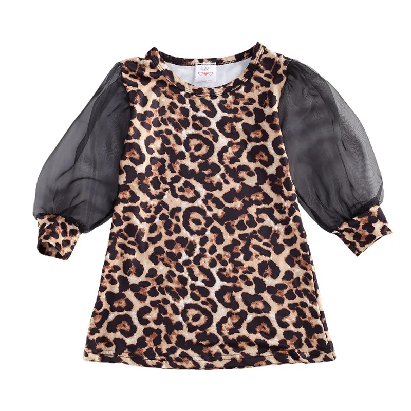 

Baby Girl Dress Leopard Midi Casual Dresses Kid Girl Fall Long Mesh Puff Sleeve Round Collar Printed Princess Dresses