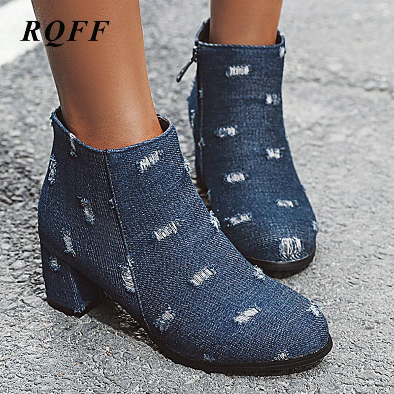 

2019 Winter Ankle Boots Women Big Size 40 41 42 43 Fashion Denim Square Med Heel Shoes Woman Handmade Solid Holes Zipper