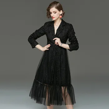 

Black Dress Ladies Autumn Winter 2019 Office Lady Notched Collar Long Sleeved Covered Button Slim Mesh Patchwork Mid Calf Dress