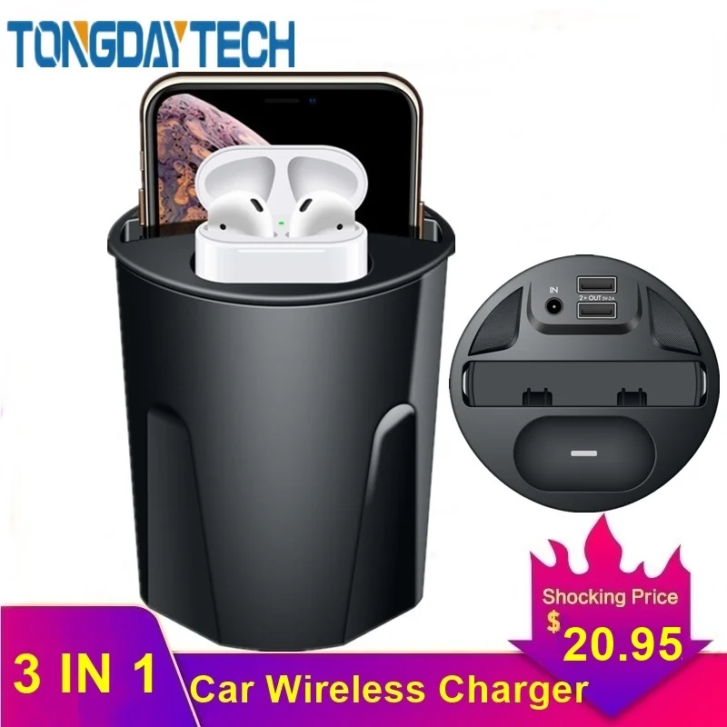 

Tongdaytech 3 IN 1 Car Qi Fast Wireless Charger Cup For Iphone Airpods X XS 11 Pro Max Carregador Portatil With Usb Fast Charger