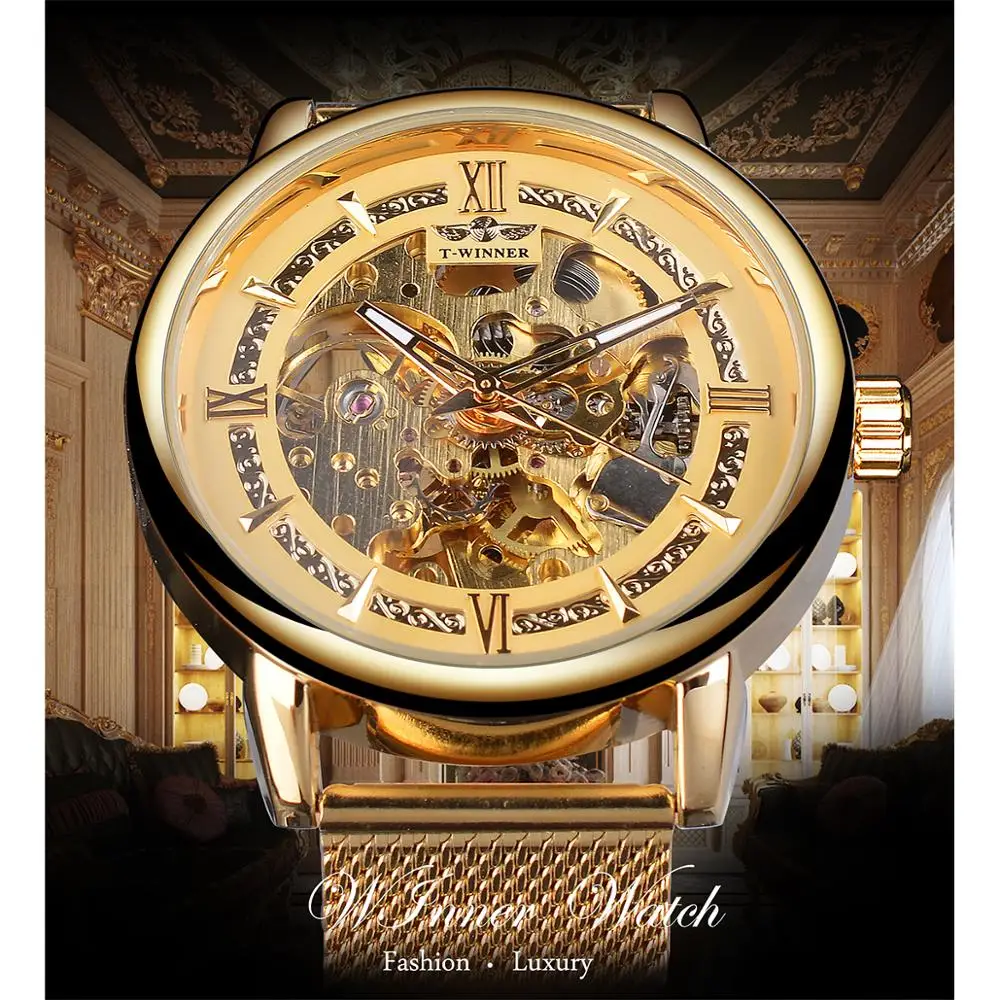 Бренд Winner Мужские механические наручные часы Модные Бизнес Золотой Скелет из нержавеющей стали сетчатый ремешок Мужские автоматические часы Relogio