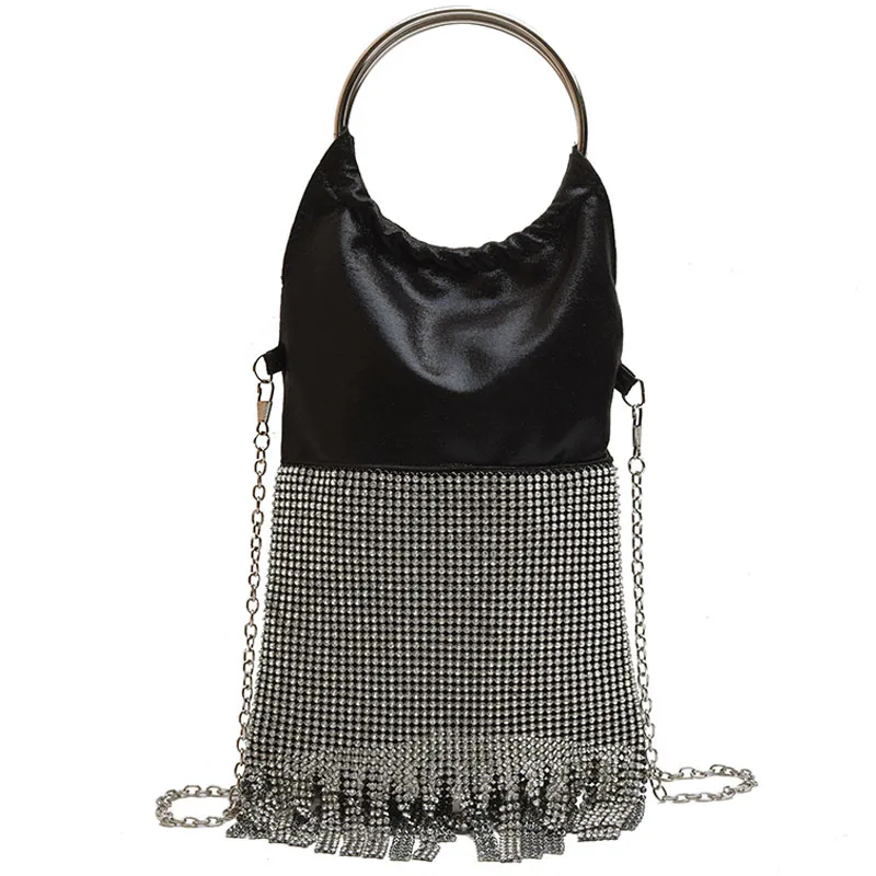 Женская вечерняя сумочка со стразами, горный хрусталь, клатч для женщин, модный Мини-клатч с кисточками, сумка для девушек, кольца, сумки-клатчи - Цвет: Black