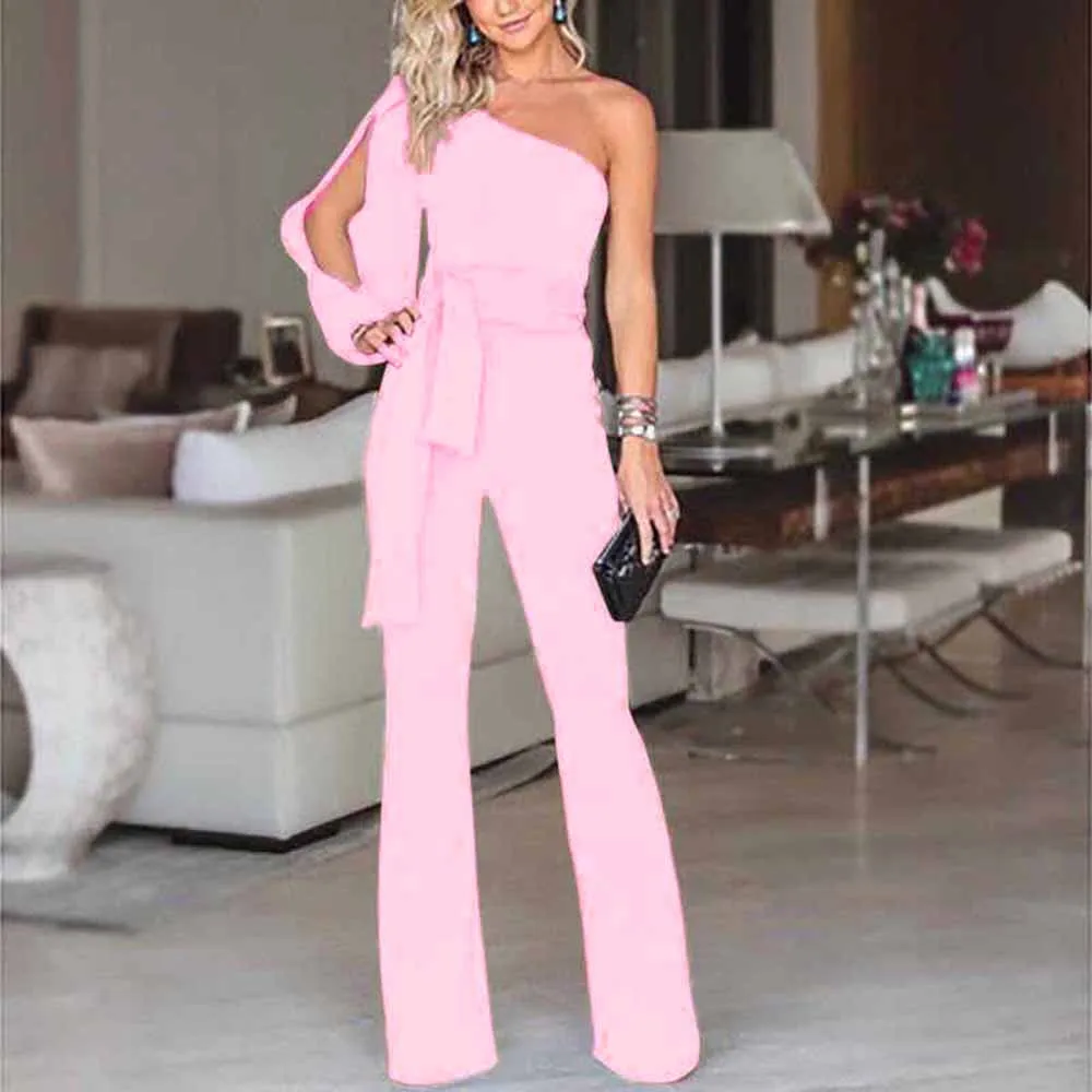 Casual Women Jumpsuit Fashion Solid Color Long Sleeve Off Shoulder High Waist Wide Leg Jumpsuit Clubwear Monos de Fiesta 2020 E
