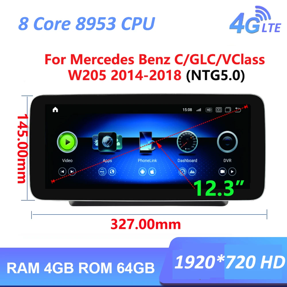 

Автомобильная Мультимедийная система, плеер на Android 12,3, с GPS, 4 Гб ОЗУ, 64 Гб ПЗУ, для Mercedes Benz 2016, 2017, 2018, 2019 C/GLC/V Class W639/X253/W205, дюйма