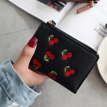 

Fashion Women Short Wallet PU Leather Cherry Embroidery Coin Purse Card Holders Lady Girl Mini Money Bag FS99