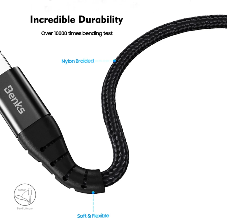 Benks M11 MFi PD Fast Charging Cable For iPhone XS 11 Pro MAX X XR 8 Plus Type USB C to Lightning Phone Cable Nylon Charger Cord (8)