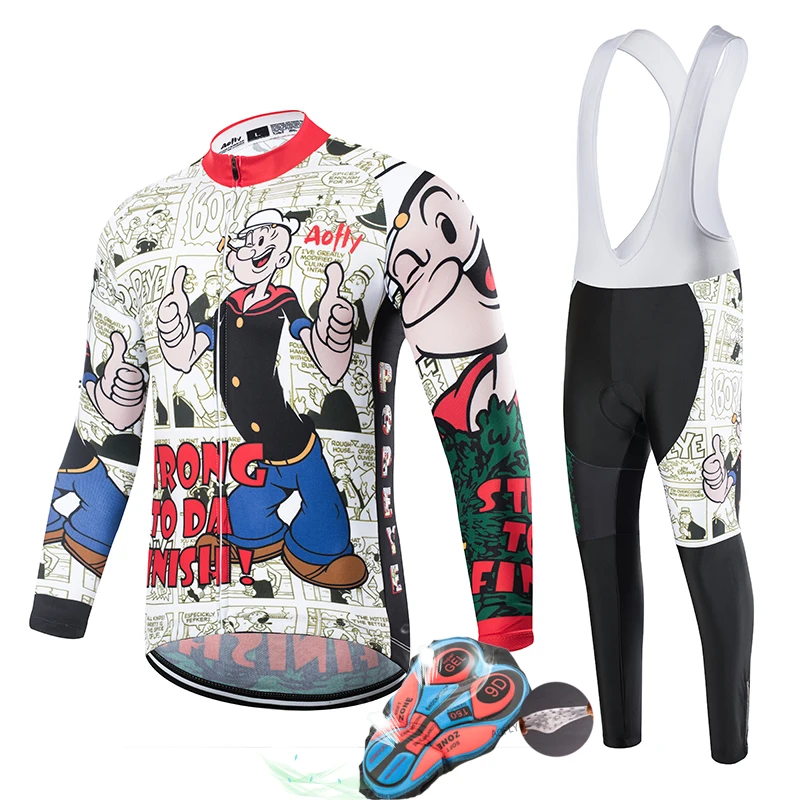 Thin long suit Aofly Popeye Велоспорт Джерси с длинным рукавом набор сильный шпинат Мультфильм Топы анимированные длинные штаны дышащий солнцезащитный ночной отражатель - Цвет: Thin long suit