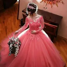 Коралловые Бальные платья с длинным рукавом, бальное платье с открытыми плечами, Vestidos De 15 Anos, кружевные аппликации, Robe De Bal, длина до пола