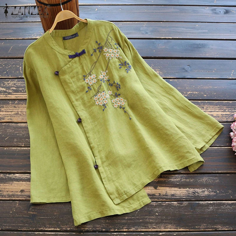 ZANZEA Fashion Floral Shirts Women Embroidery Blouse Long Sleeve Female Tunic Casual Irregular Tops Plus Size |