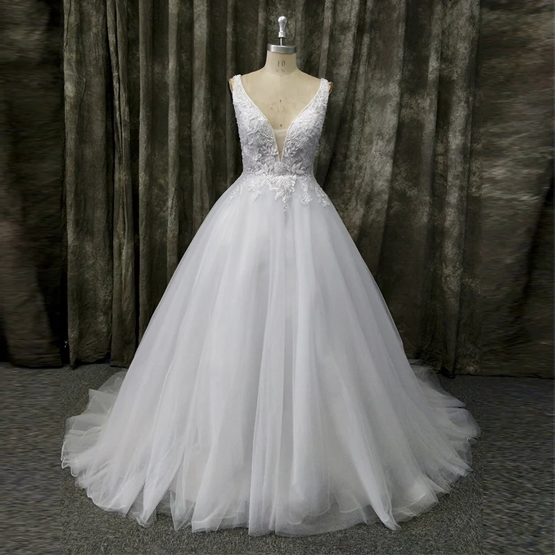 

Deep V Neck Low Back Beaded Bodice White Bride Wedding Dress Bridal Gown
