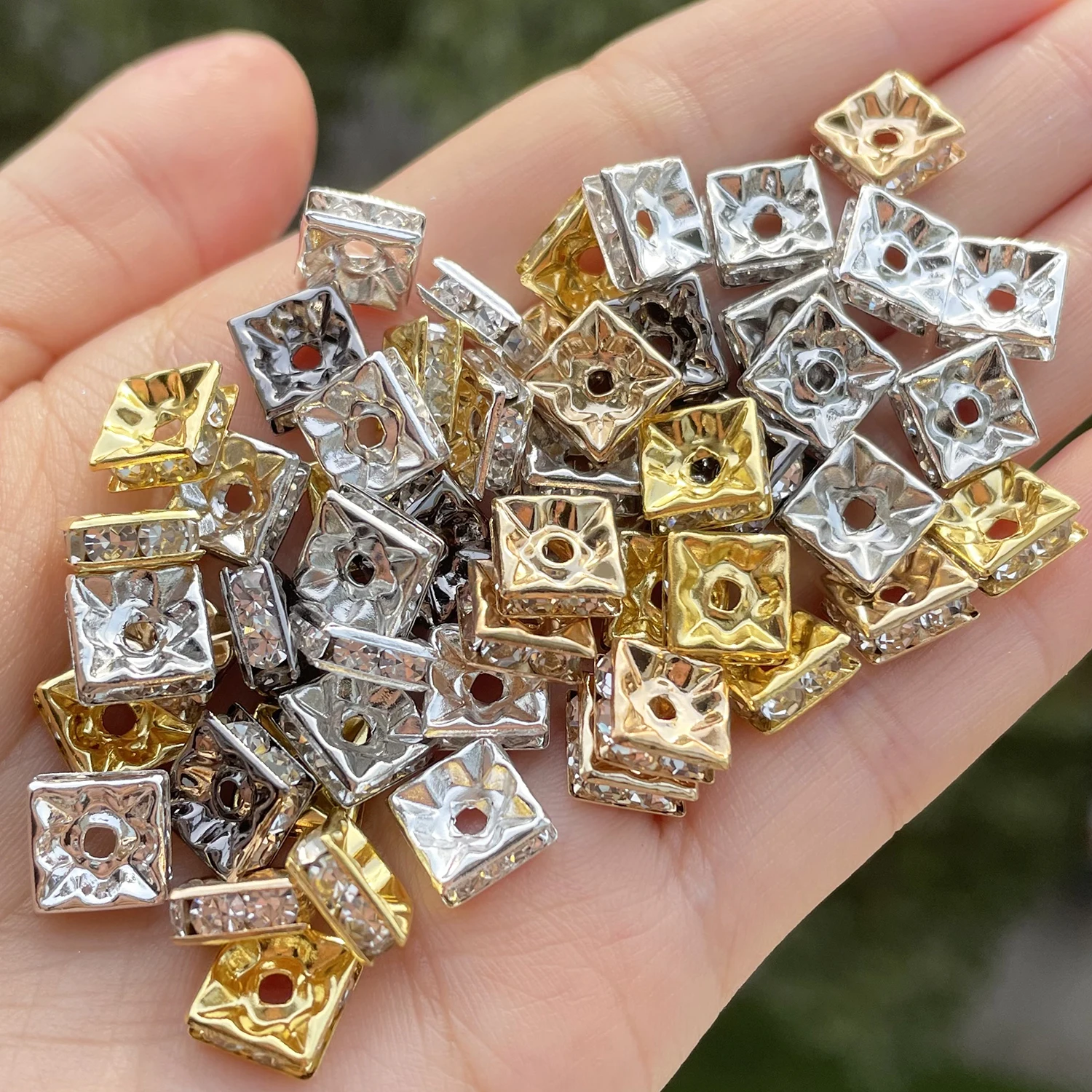 50pcs Square Metal Rhinestone Crystal Rondelle Beads Gold Silver Color 6  8mm Loose Spacer Beads for Jewelry Bracelet Making