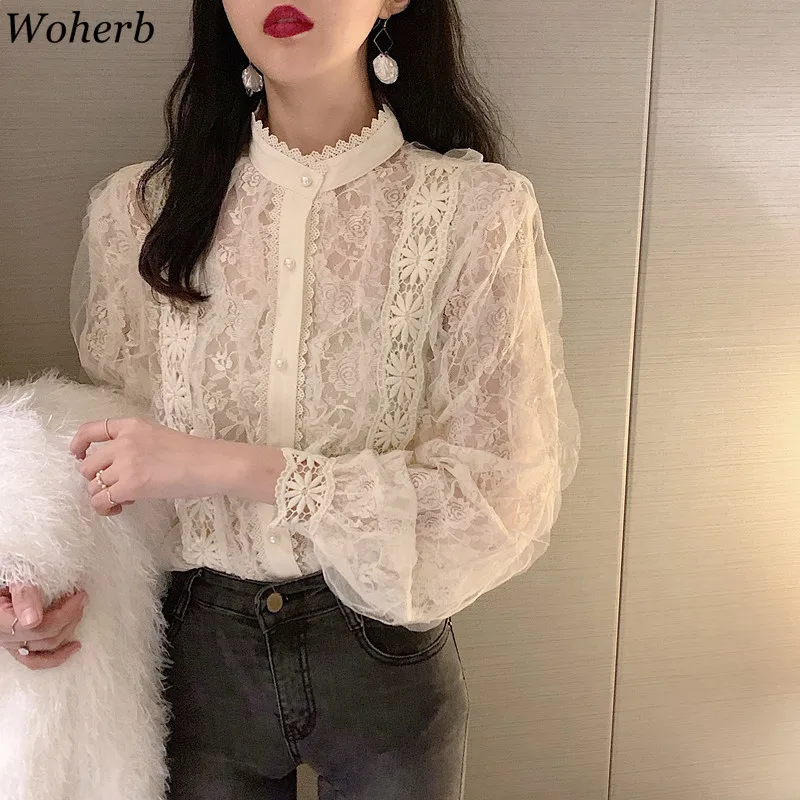 Woherb кружевная Лоскутная Блузка с длинным рукавом Элегантная темпераментная