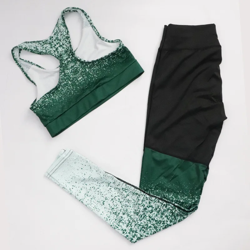 green set Женский комплект для фитнеса и йоги, топ без рукавов, штаны с высокой талией, спортивная одежда с градиентным принтом, леггинсы и бюстгальтер, обтягивающие спортивные костюмы для бега - Цвет: green set