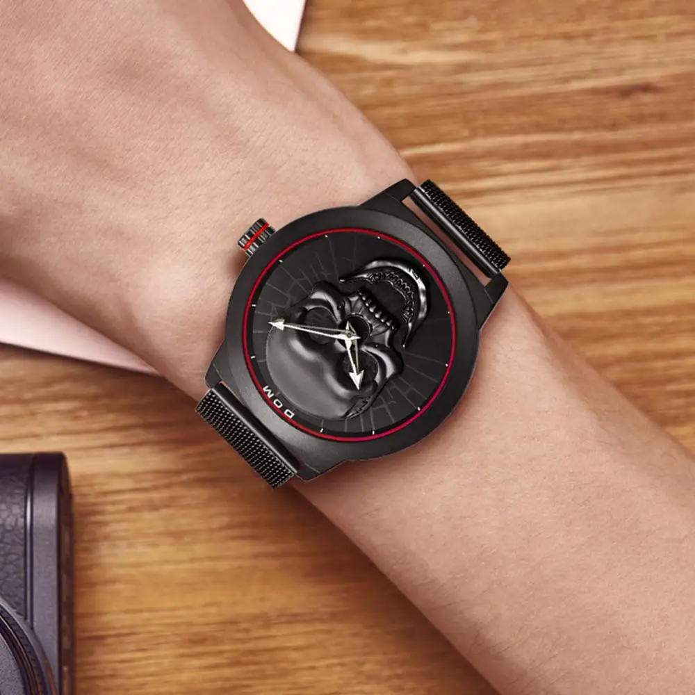 Крутые Панк 3D череп мужские часы Бренд DOM роскошные стальные золотые черные винтажные кварцевые мужские часы спортивные часы Relogio Masculin