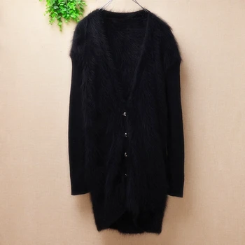 

New spring winter women balck slim Mink Cashmere knitted rabbit fur sweater v-neck long sleeves coat cardigans mantle jakcets