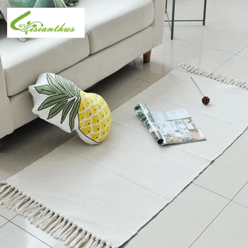 

Simple Style Hand Woven Cotton Linen Carpet with Tassel Bedside Rug White Floor Mat Living Room Bedroom Home Decoration