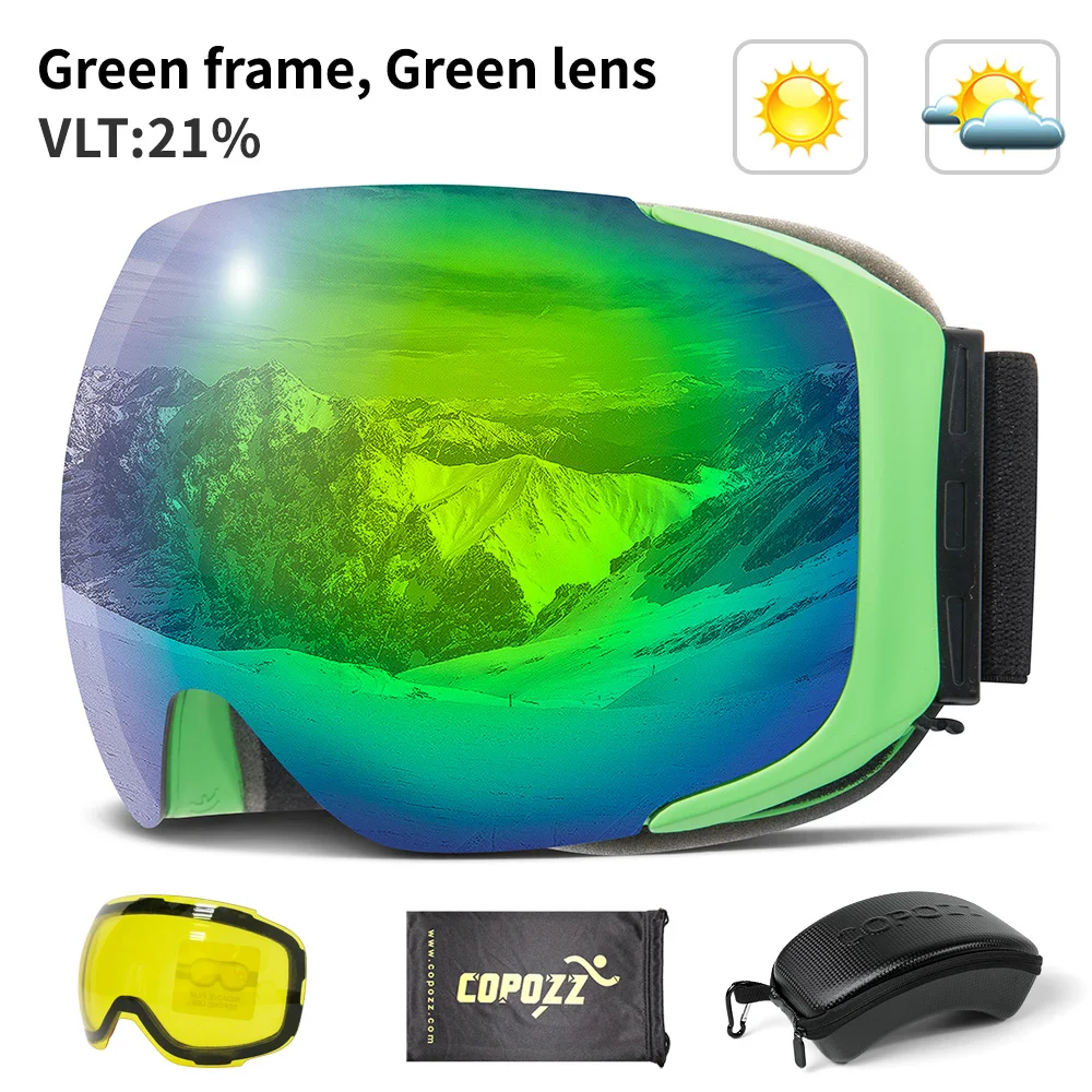 COPOZZ магнитные лыжные очки с быстросменными линзами и чехол защита UV400 противотуманные очки для сноуборда для мужчин и женщин - Цвет: Green Lens
