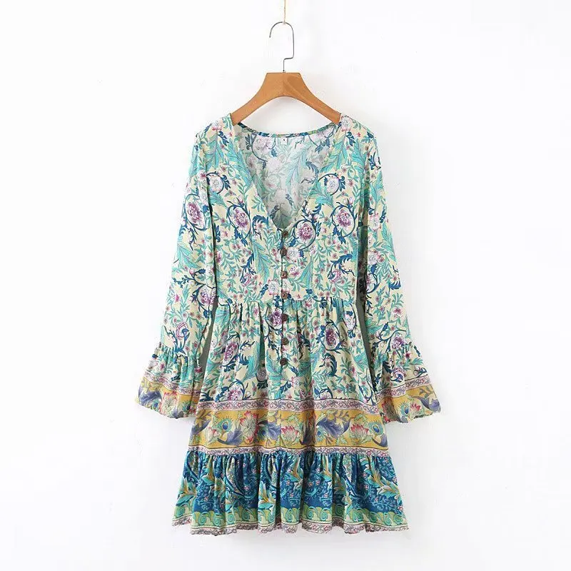 

Europe And America 2019 Autumn New Style WOMEN'S Dress Versitile Fashion Slim Fit Slimming Bell Sleeve V-neck Positioning Floral