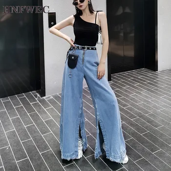 

2020 New Summer Fashion Casual Patchwork Solid Zipper Loose High Waist Wide Leg Long Denim Long Pants Women U422