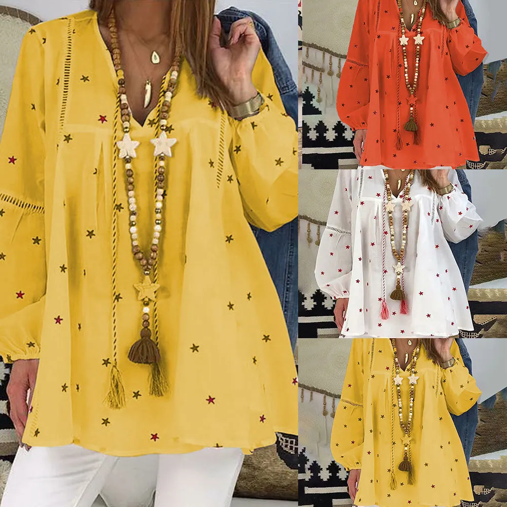 

2019 Star Print Blouse Women Tassels V-neck Lace Stitching Openwork Womens Tops Loose Drawstring Shirt Ladies Feminina
