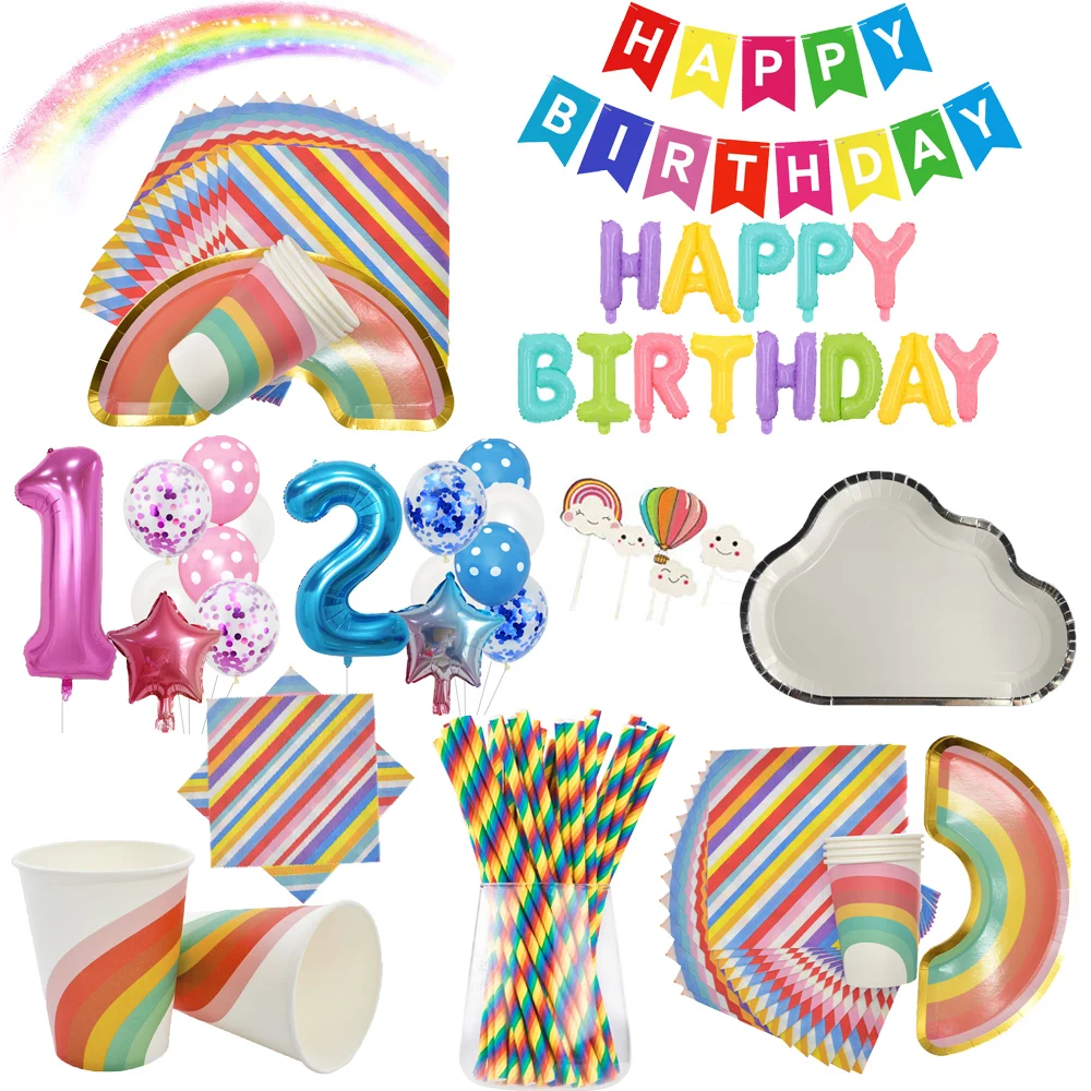 

PINK MINNIE Rainbow Birthday Party Decorations Supplies Colorful Happy Birthday Banner Plates Kids Colored Balloons Girls Boys