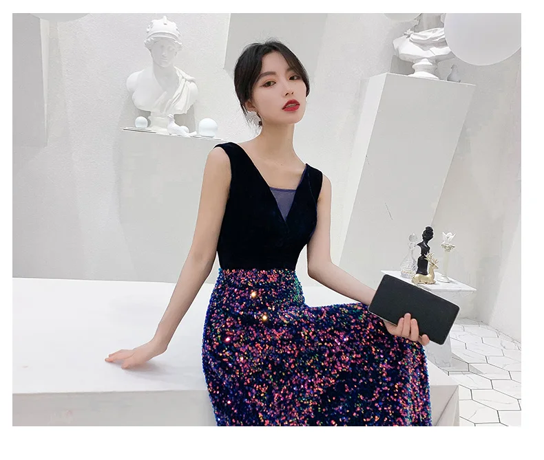 AE0115 wei yin Robe De Soiree 2019 новые сексуальные v-образным вырезом без рукавов трапециевидной формы с блестками Длинные элегантные вечерние платья