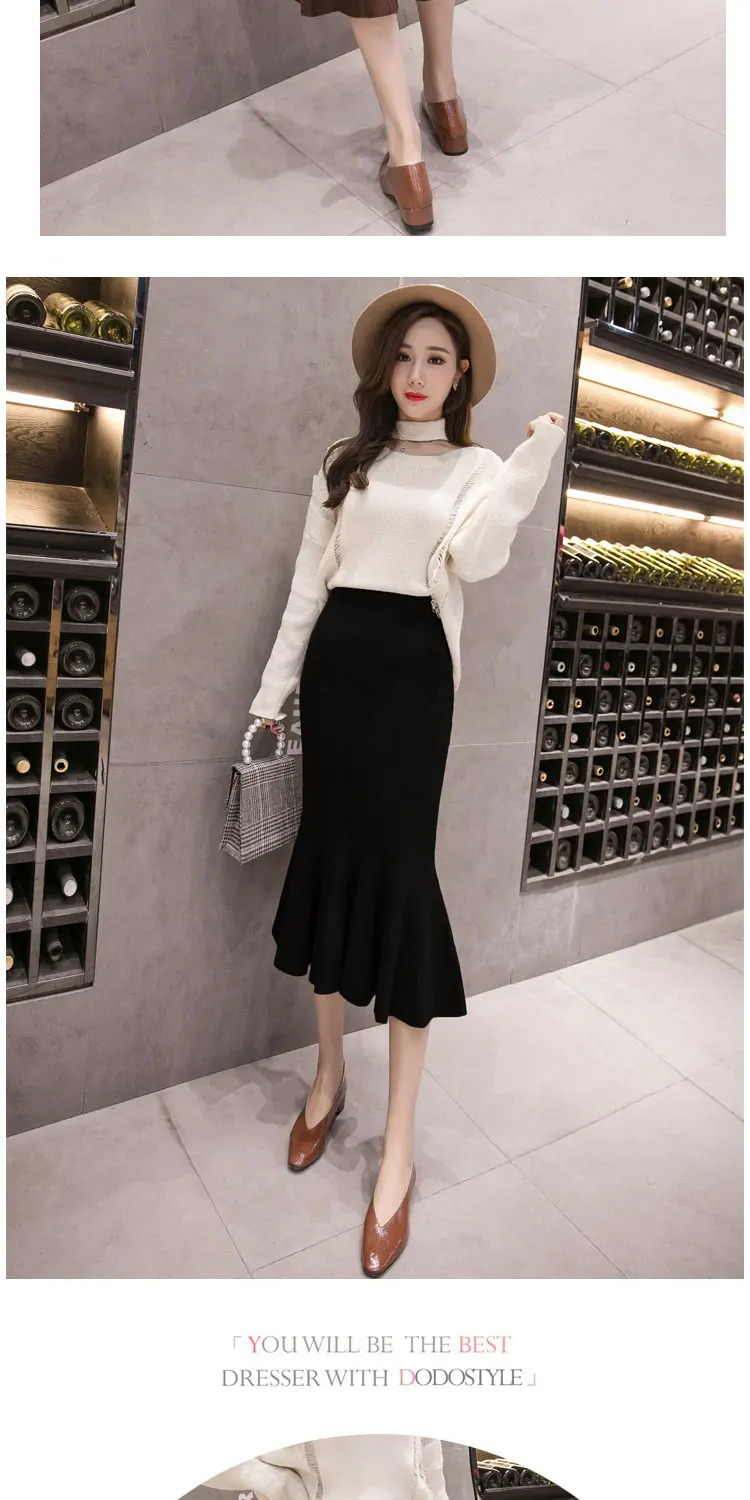 New Elegant Autumn Winter Knit Skirts Women Sweater Bodycon Mermaid Office Lady Work Wear Ruffles Skirt Chic saias faldas