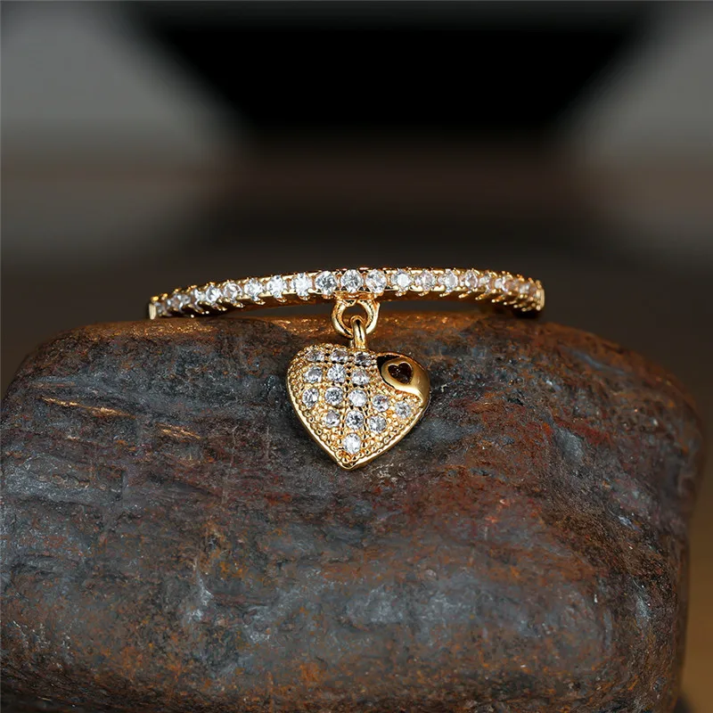 Female Crystal Heart Pendant Rings Gold Silver Color Engagement Ring Charm White Zircon Wedding Jewelry For Women crystal rings engagement rings zircon rings fashion rings wedding rings fashion ring finger rings metal rings