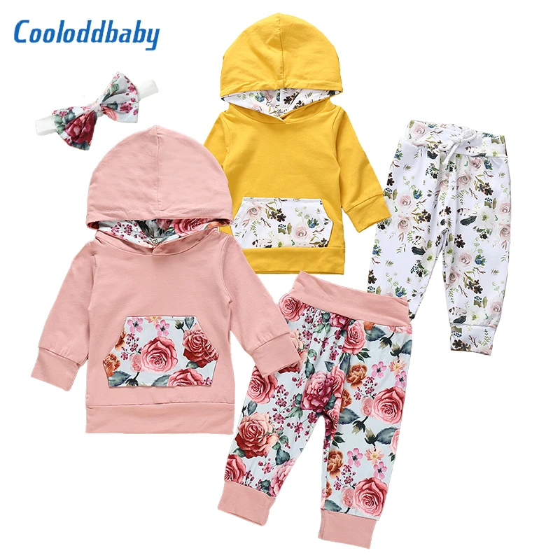 Одежда для новорожденных девочек; зимняя одежда для маленьких девочек; топы с капюшоном; штаны с цветочным принтом; Милый хлопковый комплект осенней одежды для маленьких девочек