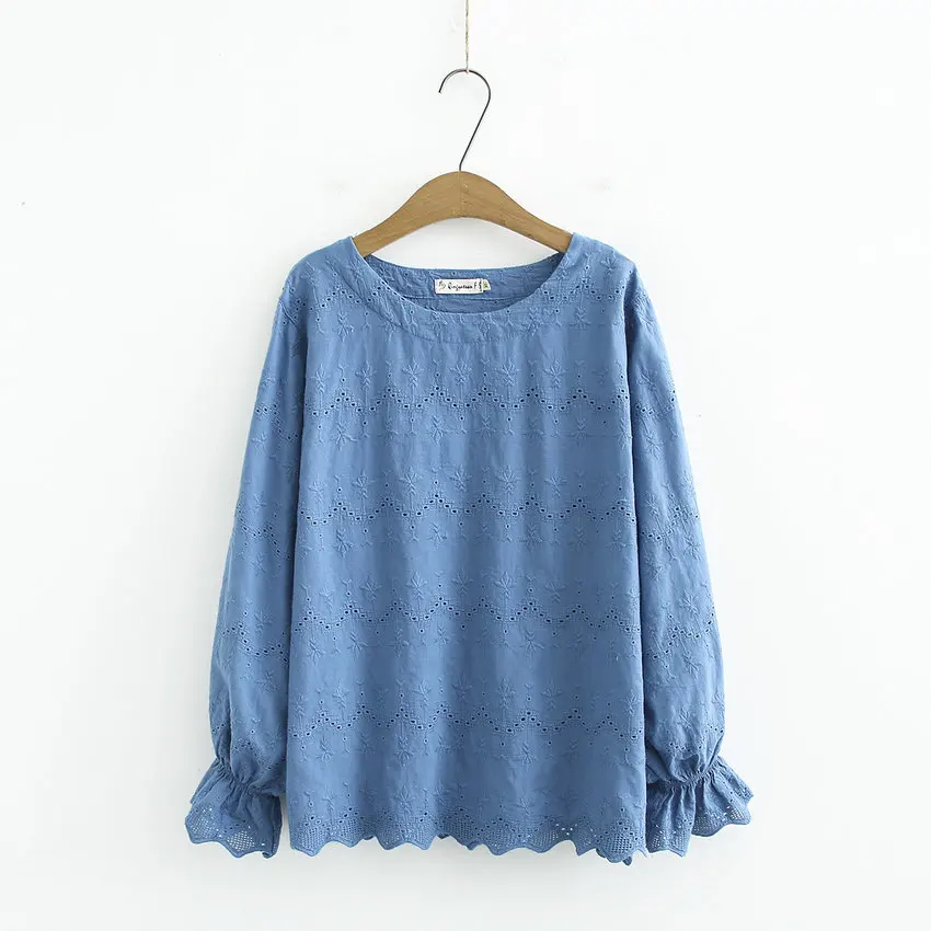 

Spring Women Crochet Blouses Blue Pink White Green Plain Colour Round Collar Ruffle Cuff Design Cotton Top Female New Arrival