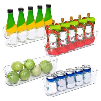 

Refrigerator Organizer Bins, 4 Pack Narrow Clear Plastic Food Storage Bin with Handle for Freezer, Cabinet, 14.5Inch