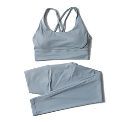 SOISOU Women's Breathable Nylon Yoga & Fitness Set - 2 - Piece Sports Bra and Leggings Tracksuit - M (Denim Blue)