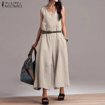 

Fashion Women's Wide Leg Jumpsuits ZANZEA 2020 Summer V Neck Casual Rompers Female Sleeveless Overalls Plus Size Playsuits Pants