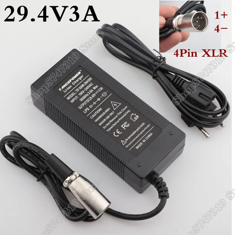 

3A 29.4V charger for 24V 25.2V 25.9V 29.4V 7S lithium battery pack 29.4V e-bike charger4 pin in line connector XLR