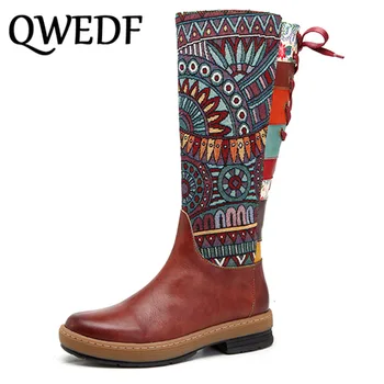 

Vintage Mid-calf Boots Women Shoes Bohemian Retro Genuine Leather Motorcycle Boots Printed Side Zipper Back Lace Up Botas S21-15