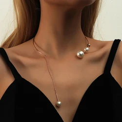 Elegant Women's Clavicle Chain Necklace with Large White Imitation Pearl Choker Design (N10103)