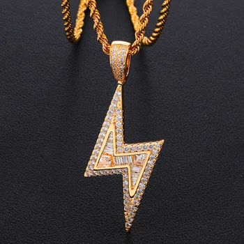 

US7 Iced Bolt Necklaces Baguette CZ Pendant Lightning For Men Women Gold Silver Color Fashion Hiphop Chains Drop Shipping