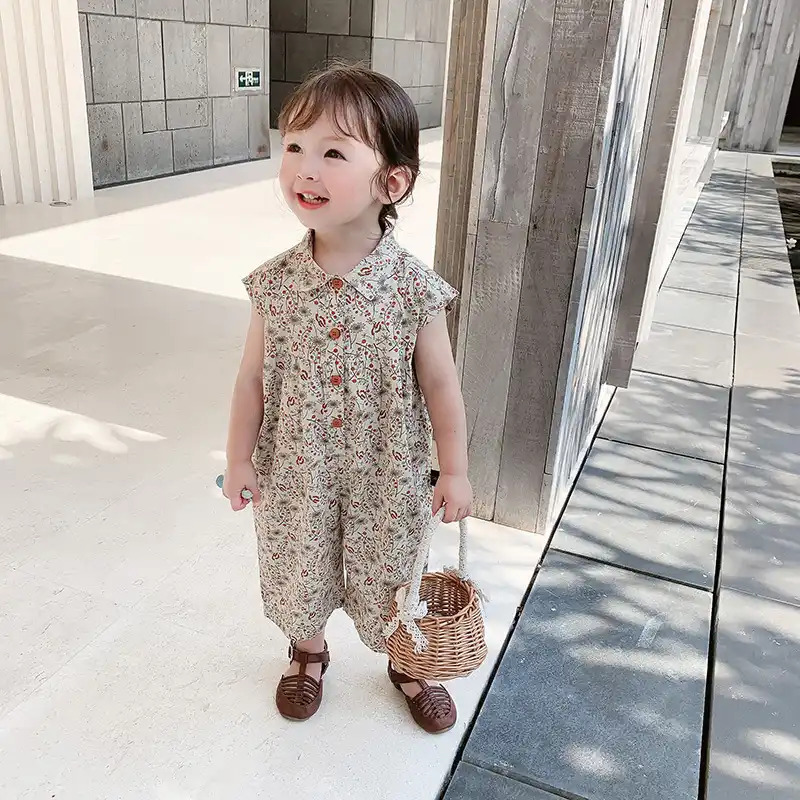 新入荷しました夏の幼児の子供洋服女の花ラペルノースリーブワンピースベビーロンパース 服セット Aliexpress