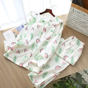 

XIFER Pajamas Female Long-sleeved Cotton Gauze Fresh and Cute Korean Cardigan Loose Spring and Autumn Home Service Suit