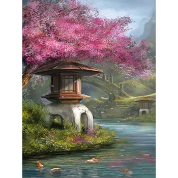 

100% Full 5D Diy Daimond Painting "Sakura Landscape" 3D Diamond Painting Round Rhinestones Diamant Painting Embroidery Decor