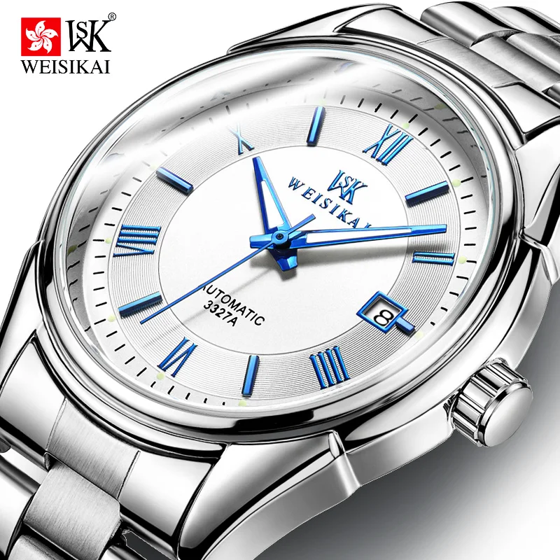 

WEISIKAI Luxury Design Mechanical Watch Men Automatic Luminous Watch Mechanical Calendar Waterproof Male Wristwatch Clock Silver