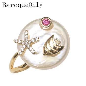 

BaroqueOnly Fish starfish design 925 Sterling Silver pearl ring Natural White Pearl Jewelry Adjustable Rings Gifts 2019 hot RBA