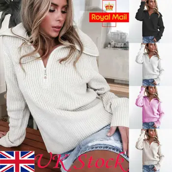 

2019 New Fashion UK Womens Oversized Knitted Long Sleeve Turn-Down Collar Zipper Pullover Sweater Jumpers Tops Sweatshirt