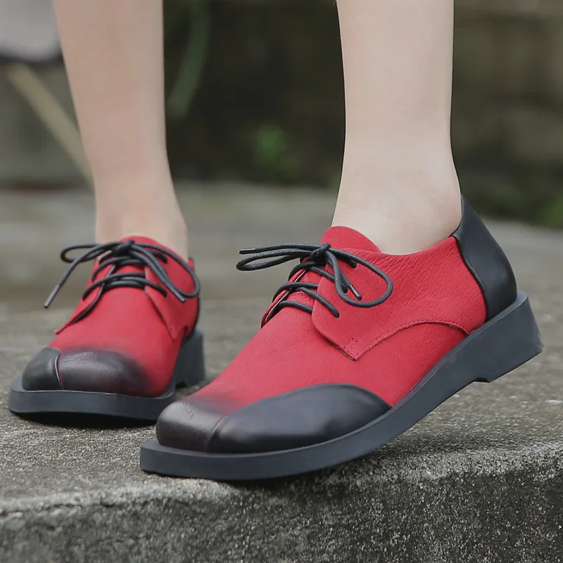 

2019 Autumn British Style Cowhide Ladies Shoes Lacing Low Heel Casual Round Head Female Shoes Color Matching