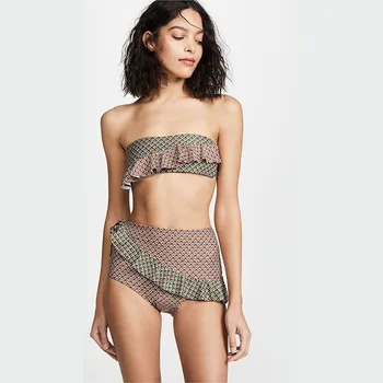 

Ruffled Print Bandeau Bikini Sets Sexy Off Shoulder High-waisted Swimsuit Two Pieces Swimwear Women 2020 Beach Bathing Suit