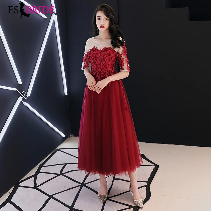 

Red Elegant Prom Dresses Long ES30089 A-Line O-Neck Short Sleeve Vintage Lace Evening Party Gowns Vestidos De Gala Elegante 2019